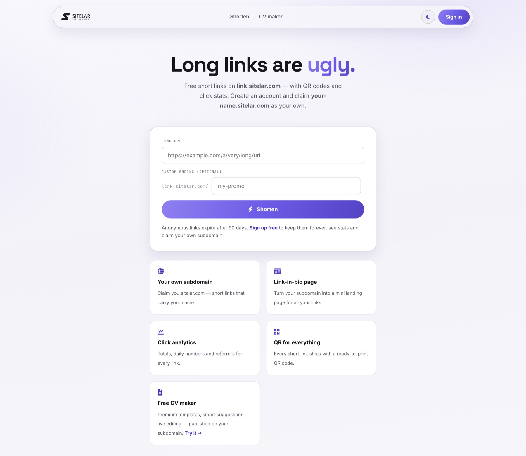 Sitelar Link — free URL shortener homepage