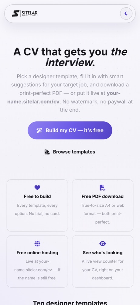 Sitelar Link CV maker on a phone